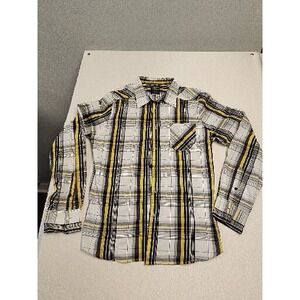 Shout House Mens Shirt Size L Grey Yellow Plaid Long Sleeve Button Up Collared
